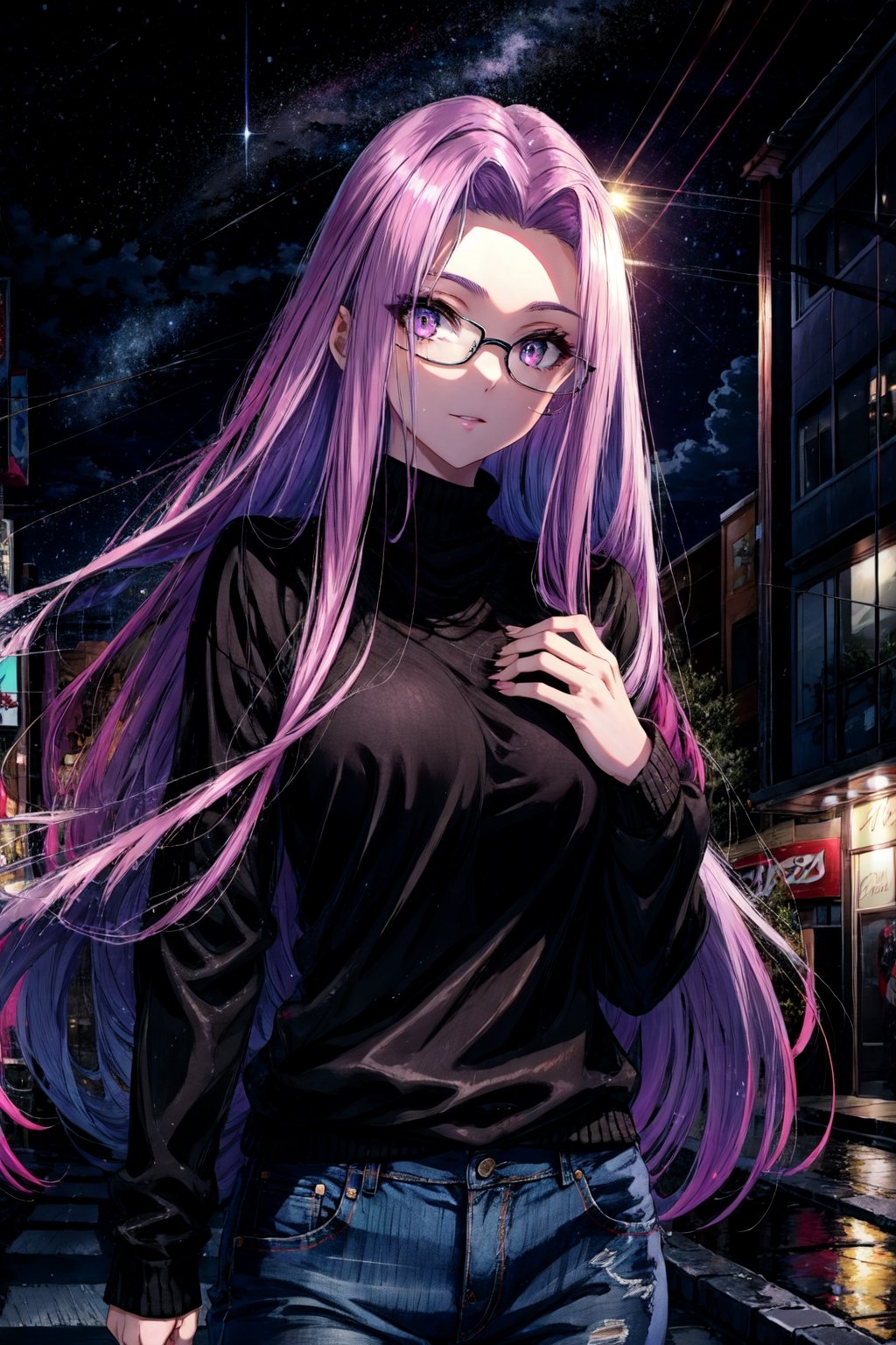 masterpiece, best quality,1girl, medusa (rider) (fate),glasses,,(black woollen sweater:1.2),jeans,long hair, medusa (fate), black purple hair, solo, black ping eyes, large breasts, very long hair, looking at viewer, wild eyes, (full body:0.5), starry sky, dark background, city deserted road, happy,