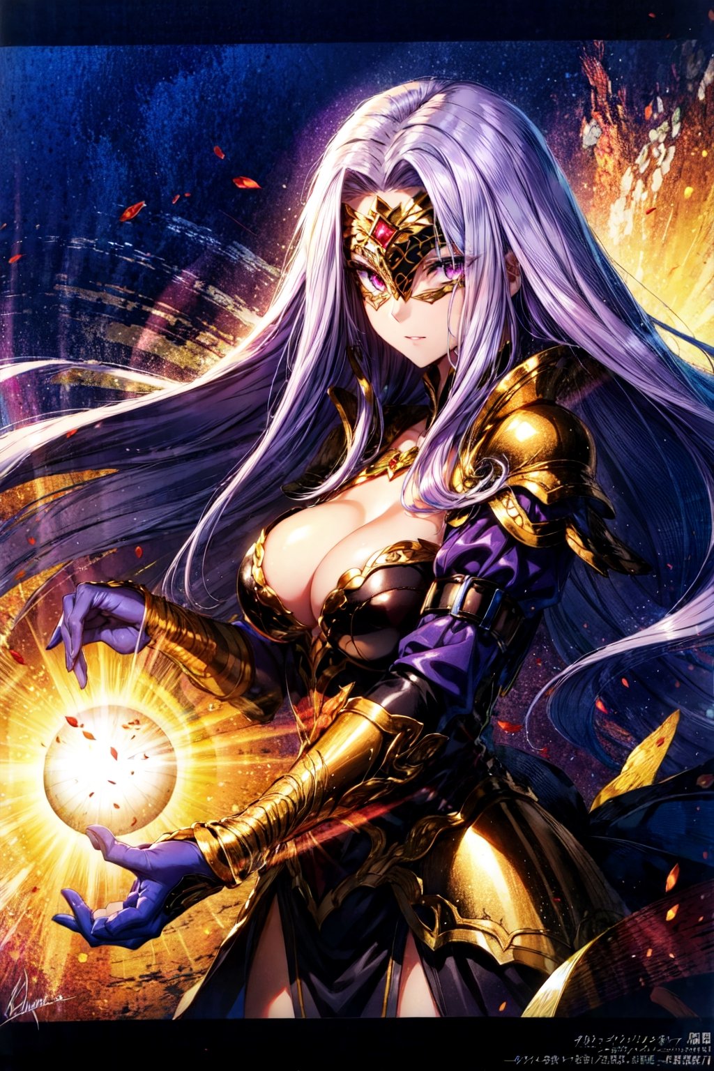 ((MedGorg)), gorgon \(fate\), slit pupils, looking at viewer, hair flowing over, huge breasts, a woman with a sword in her hand, dark phantasy, wallpaper for monitor, royal bird, loundraw, glorious long purple hair, wearing bullet-riddled armor, masked female violinists, no watermark signature, pharaoh, brawl, illustration - n 9, clear image, gwyn