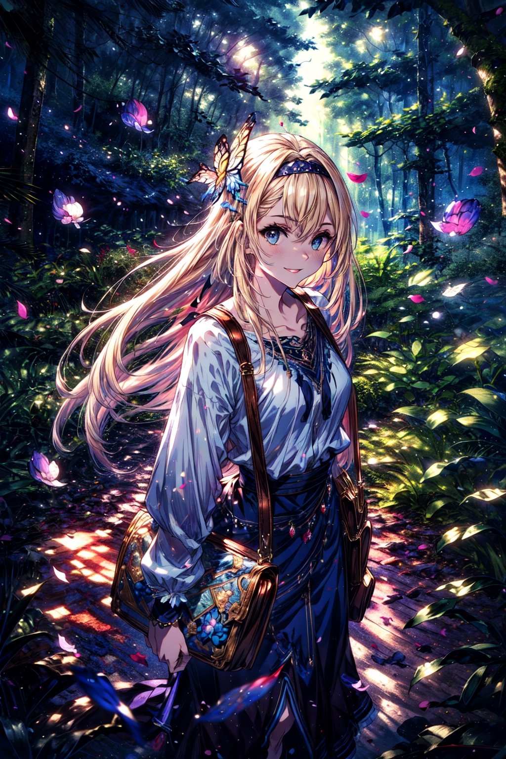 masterpiece,best quality,highres,cinematic lighting,dramatic angle,1girl,, blue eyes,blonde hair,hairband,portrait,taking a walk,forest,woods,butterflies,petals,leaves,branches,looking at viewer,smile,bent over,long skirt,handbag,veil,arms behind back