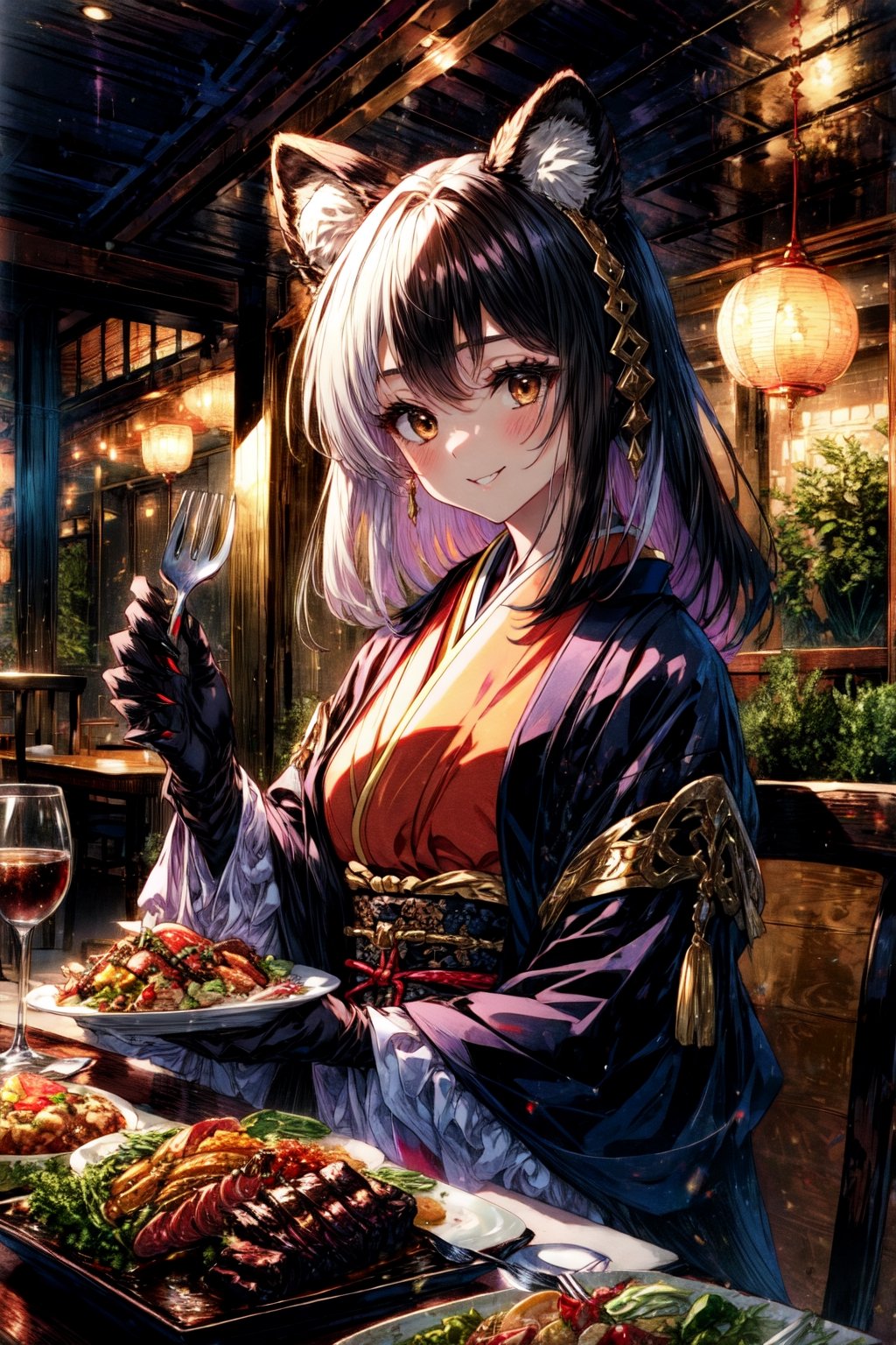 masterpiece,best quality,highres,cinematic lighting,dramatic angle,1girl, ,1girl,animal ears,japanese clothes,black open jacket,obi,smile,eating,(:3:0.68),looking at viewer,brown eyes,bamboos,dynatic pose,cowboy shot,sitting across table,gold-trimmed,magic,multicolored hair,(black hair:white hair:0.86),frills,claws,black elbow gloves,(open mouth:0.43),magic,feast,foods on table,restaurant