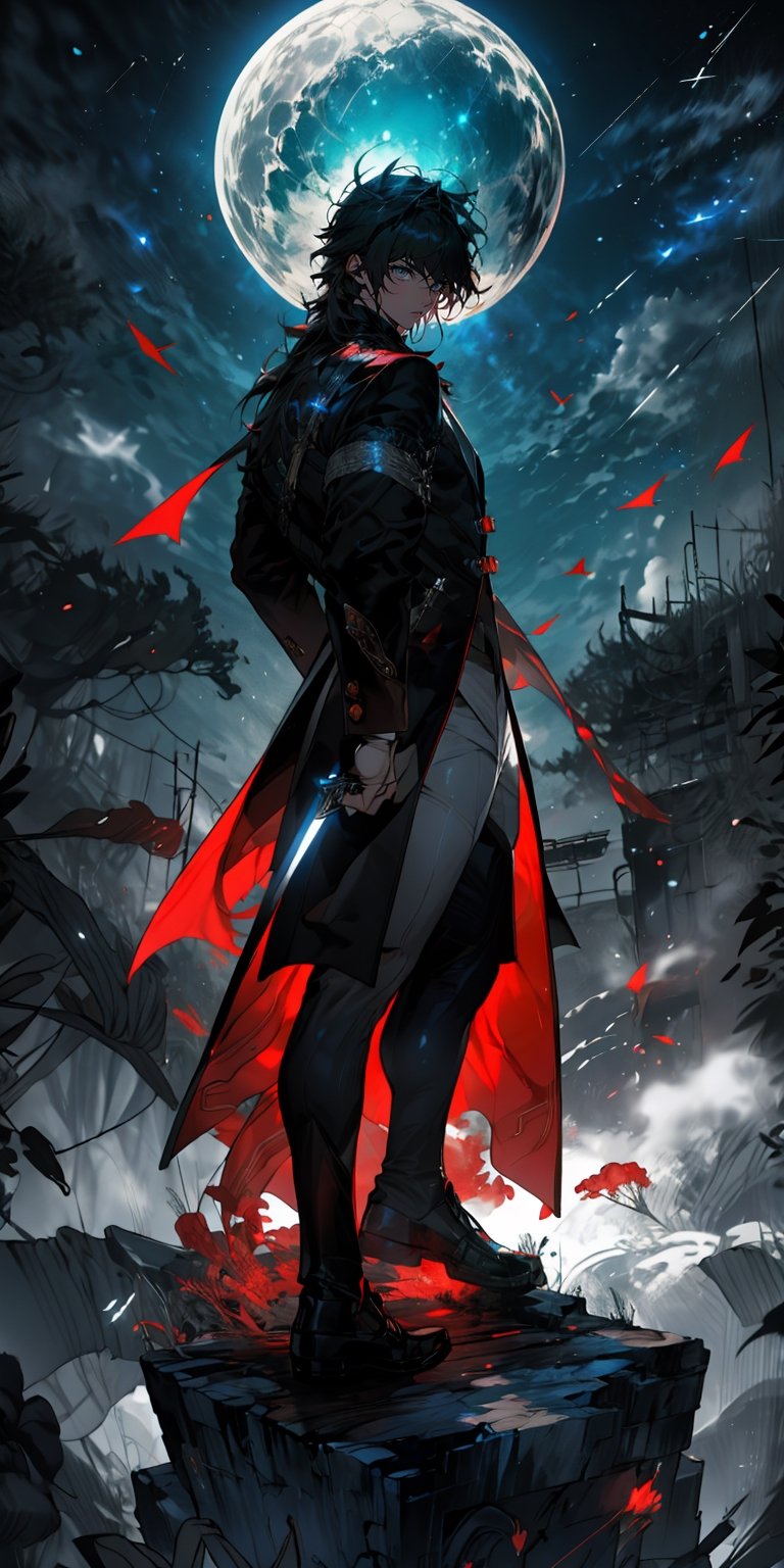 masterpiece, best quality, realistic, 8k, official art, cinematic light, ultra high res,1boy, ,blade\(hsr\),black coat, chinese clothes,(bangs:1.2),red eyes, white pant, dark blue hair,dynamic pose, dynamic angles,EpicSky,EpicLogo