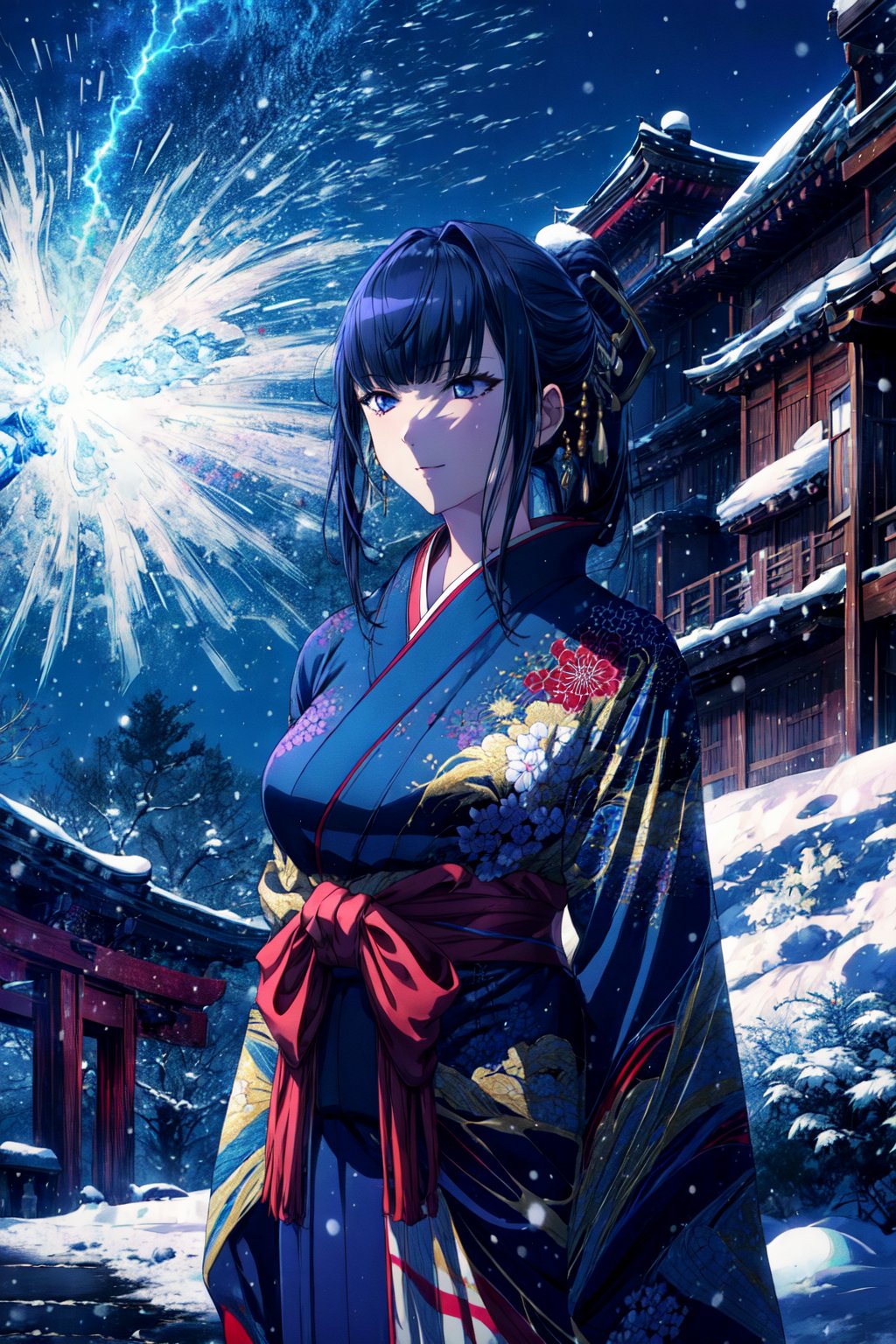 //Quality, (masterpiece), (best quality), 8k illustration ,//Character, 1girl, solo, large breasts ,//Fashion, details (dark blue silk brocade kimono) ,//Background, outdoors, winter, snow ,//Others, happy new year, dragon lightning magic,so-bin,narberal gamma