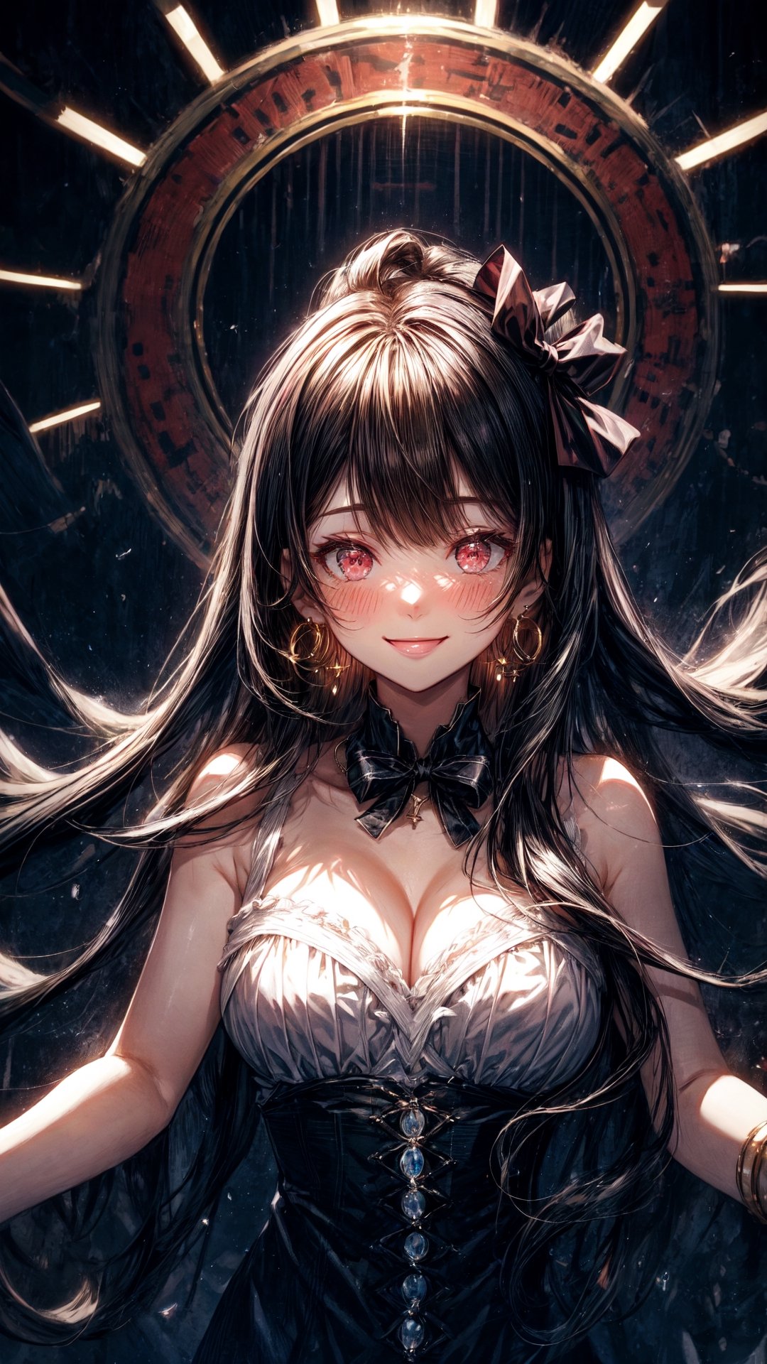 best quality, masterpiece, highres, solo, 
, long_hair, black_hair, two_side_up, red_eyes, jewelry, earrings, hoop_earrings, bangs, breasts, smile, ribbon, medium_breasts, parted_bangs, hair_ribbon, blush, hair_bow