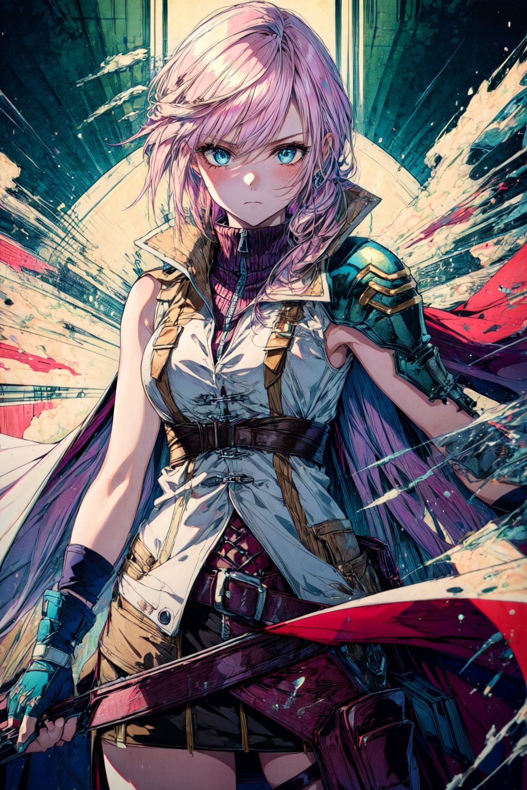 (masterpiece, best quality:1.2), , cowboy shot, solo, 1girl, lightning farron, expressionless, closed mouth, sleeveless, shoulder armor, cape, skirt, fingerless gloves