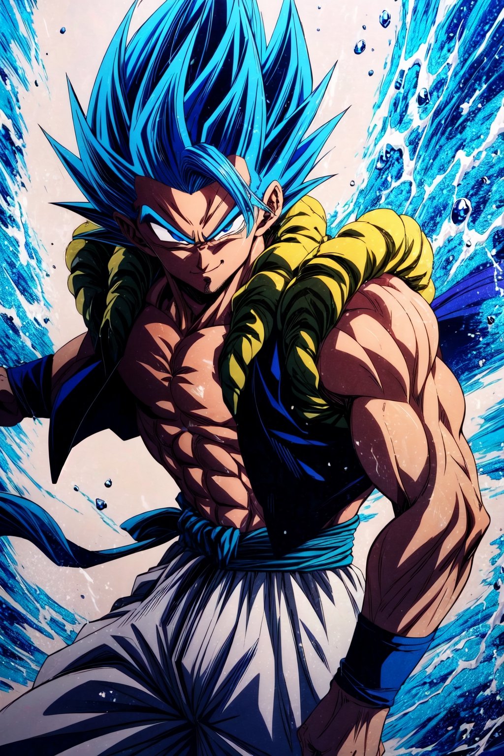 (masterpiece, best quality:1.2), , cowboy shot, solo, male focus, 1boy, gogeta, muscular male, smirk, looking at viewer, blue hair, blue eyes, vest, blue sash, white pants, wristband, tail, pectorals