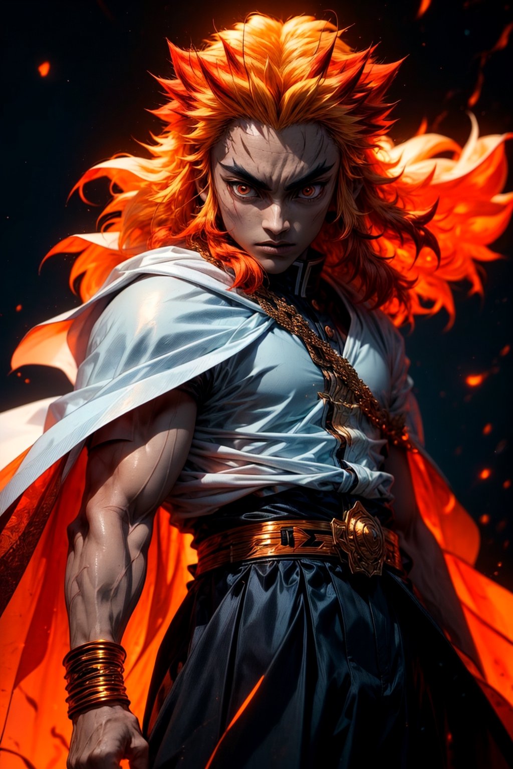 sharp focus, dynamic, (natural skin texture, hyperrealism:1.25), (skinny:1.25),portrait of Kyojuro , 1boy , glowing eyes, looking at viewer, serius face, empty look, dinamic pose, dinamic hair, strong wind, orange hair-streaks, very low angle, looking at camera, pale skin, staring, full body, constricted pupils, fire background, fire-storm,rengoku kyoujurou, 
white cape, fire streaks,r1ge