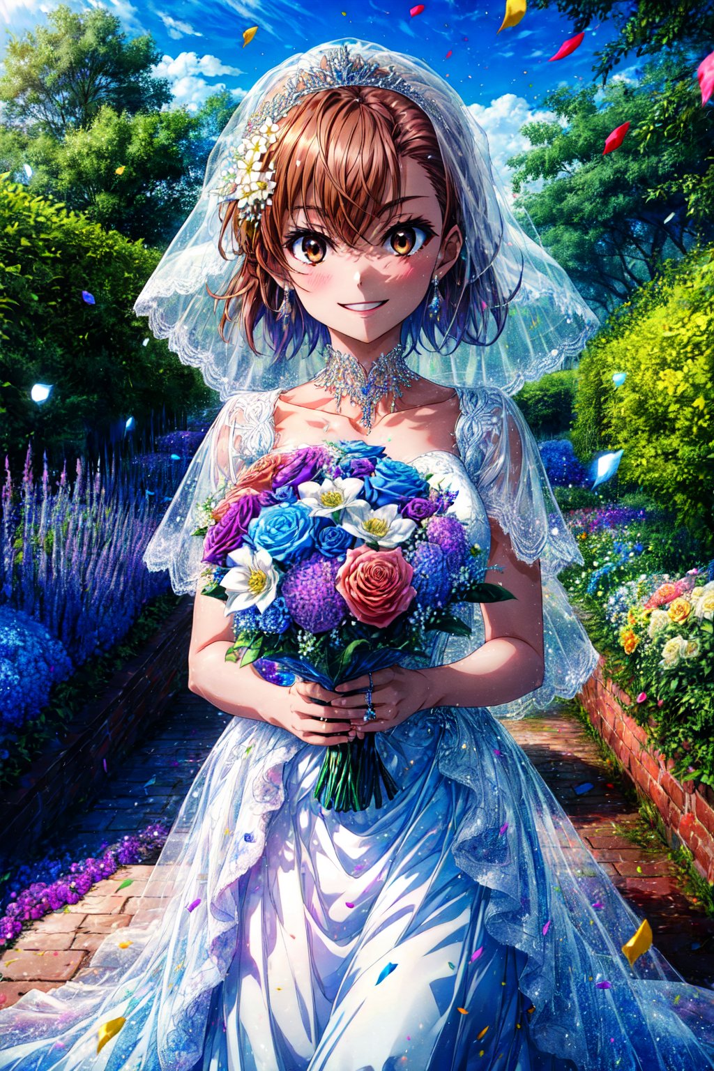 masterpiece, best quality, highres, aamikoto, short hair, hair flower, , wedding dress, veil, holding bouquet, smile, garden, confetti, cowboy shot,