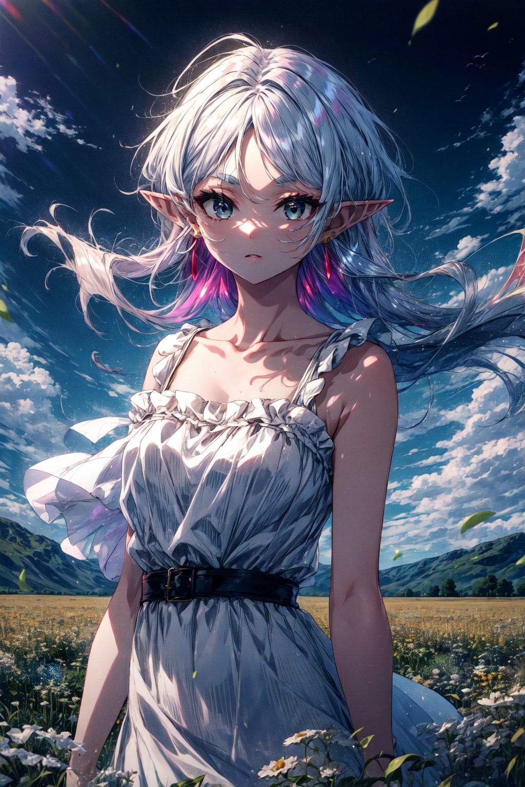 masterpiece, best quality, highres, aafrie, long hair, white hair, parted bangs, pointy ears, earrings, thick eyebrows, collarbone, bare shoulders, white dress, sleeveless dress, , wind, field,