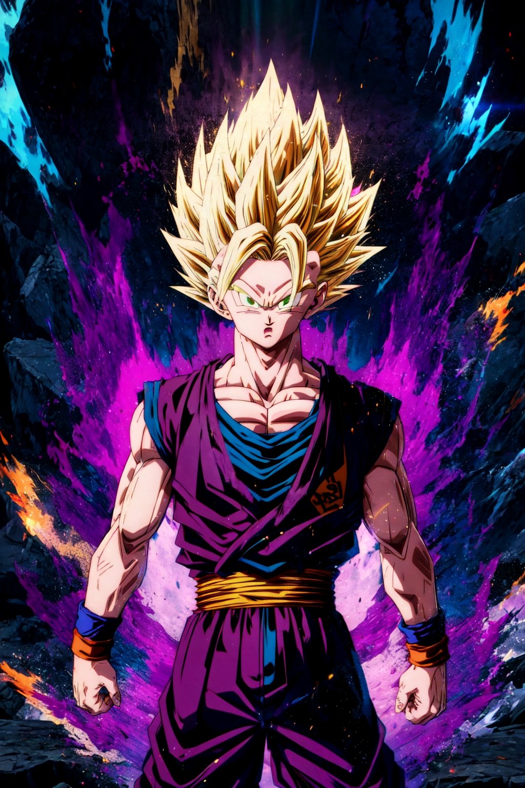 (ssj2), 1boy, yellow hair, green eyes,cowboy shot,yellow aura, electricity,naked purple dougi, purple pants, (blue wristband), red sash, sleeveless,v-neck,looking at viewer,(best quality, masterpiece),Ki Charge