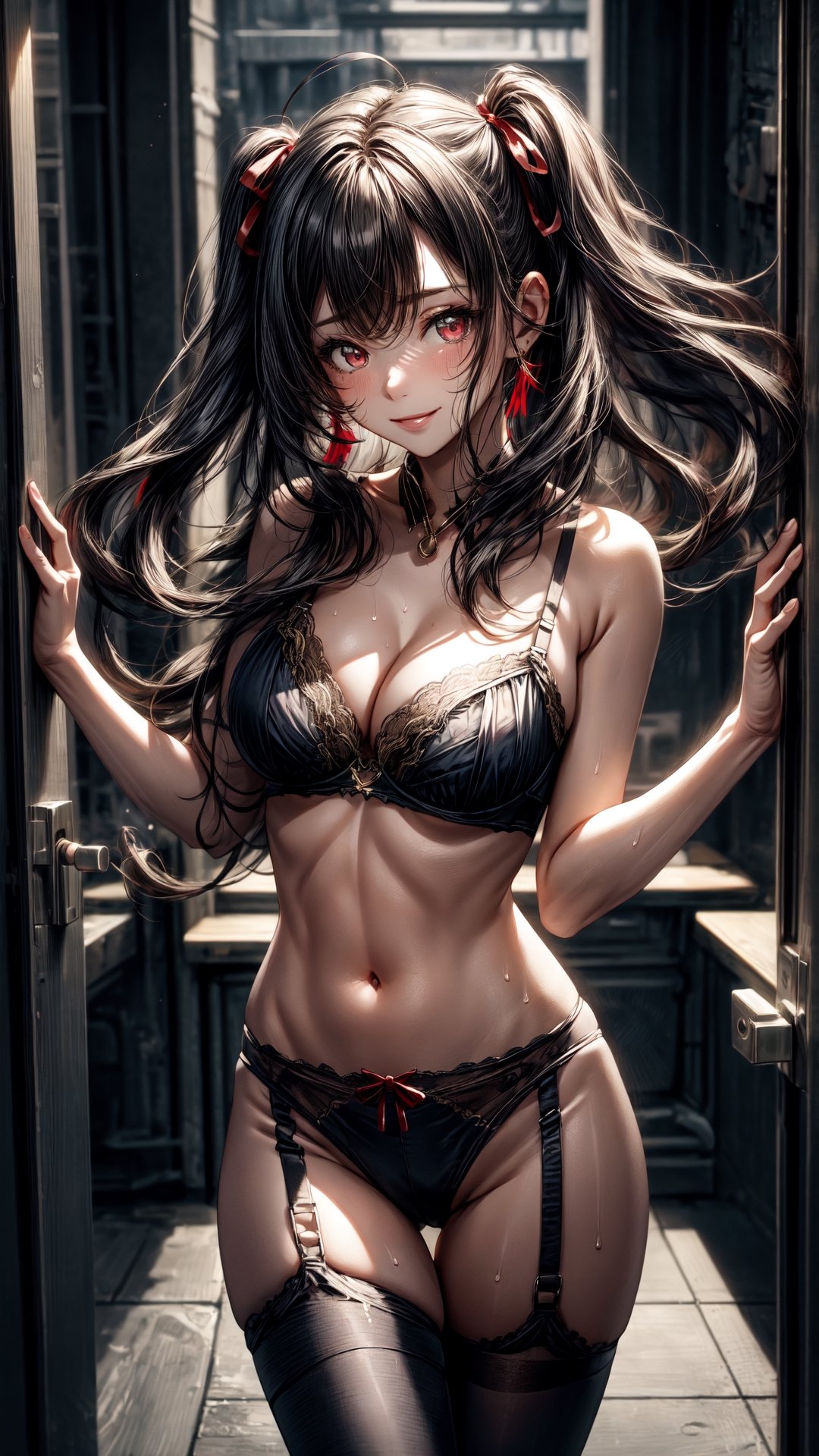 (masterpiece), high quality, detailed background, 1girl, solo,, ChopioIshtar, black hair, hair ribbon very long hair, two side up, parted bangs, ahoge, red eyes, looking at viewer, navel, midriff,mature female, medium breasts,door frame, seductive smile, medium breasts, mature female, seductive pose,(view from front:1), lingerie, red garter straps, red garter belt, red lace-trimmed panties, red lace-trimmed bra, cleavage, sweat, sweaty, 