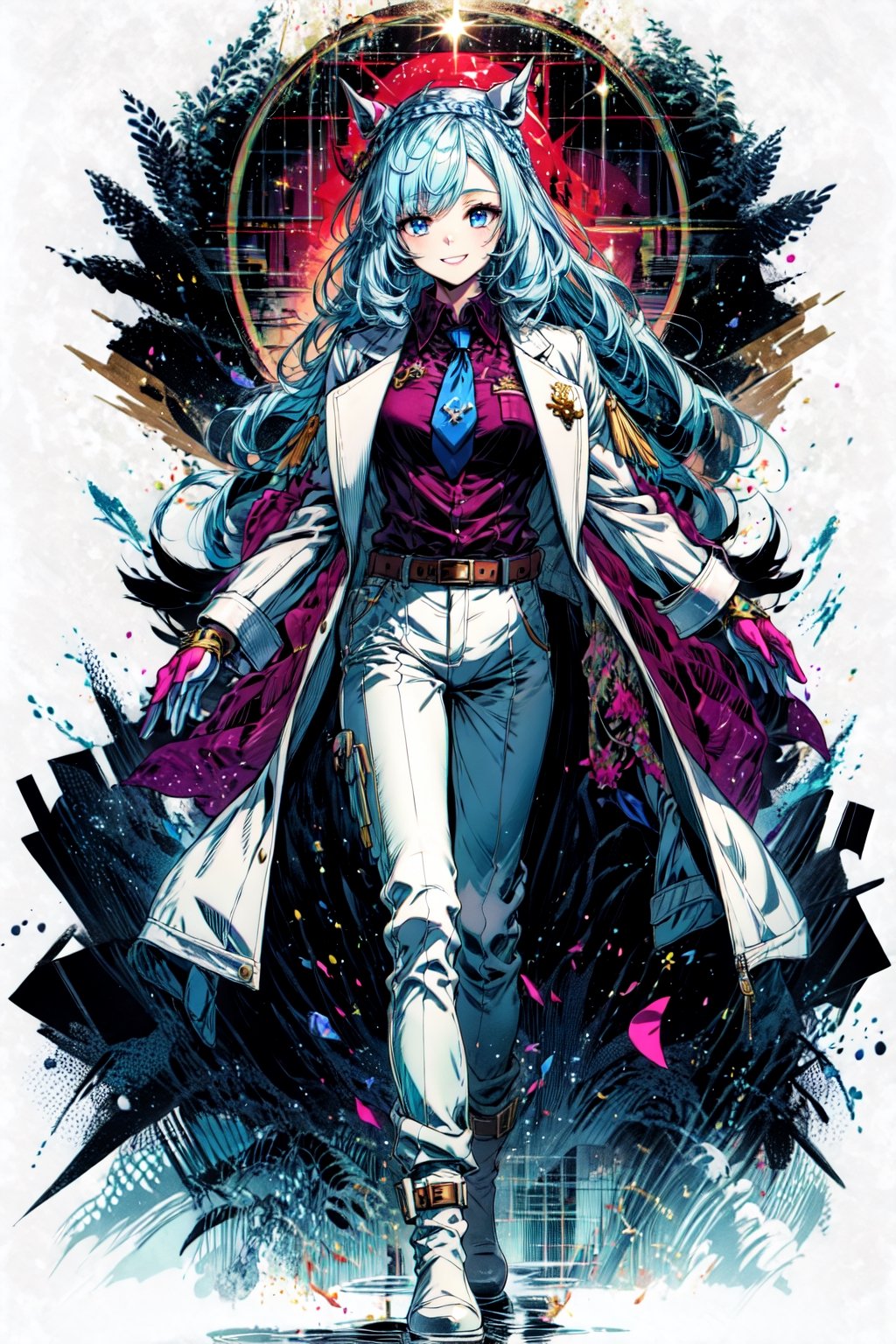 best quality,masterpiece, high res,original, beautiful detailed eyes,ultra-detailed, mejiro ardan \(dance\), smile, gloves, black gloves, long sleeves, looking at viewer, brooch, jacket, white jacket, vest coat, shirt, collared shirt, jewelry, pants, white pants, necktie, boots, thigh boots, official alternate costume