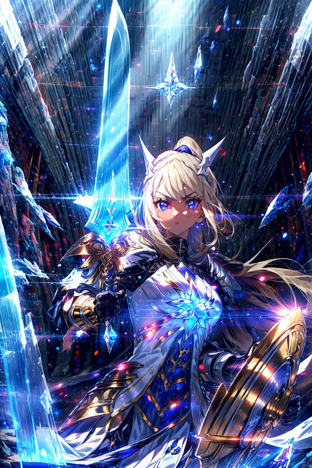 masterpiece,best quality,highres,1girl, ,armor,glowing,holding weapon,(extremely long and wide crystal glowing sword:1.2),glowing particles,holy light,dynatic angle,cinematic lighting,lens flare,,serious,mid shot,tilting