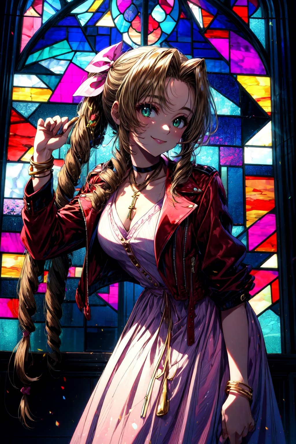 masterpiece, best quality, aerith gainsborough, choker, cropped jacket, hair bow, bracelet, pink dress, looking at viewer, leaning forward, smile, closed mouth, indoors, stained glass window 