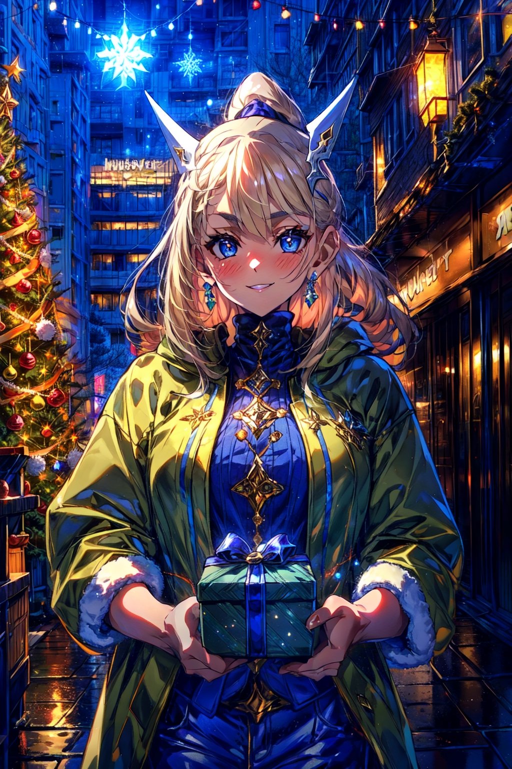 masterpiece,best quality,highres,1girl, ,streetscape,christmas,christmas tree,christmas eve,both hands holding giftbox,evolved,alternative2,hair ornaments,scraft,thick sweater,thick coat,deep blue jeans,looking at viewer,smile,(shaded face:1.2),portrait,(depth of field:1.4),matured female,blush,shy