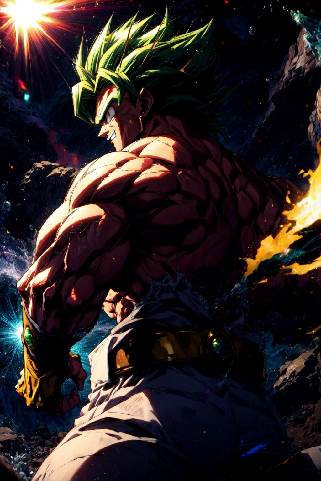 broly, legendary super saiyan, green hair, spiky hair, white eyes, muscular, tall, black bracelets,