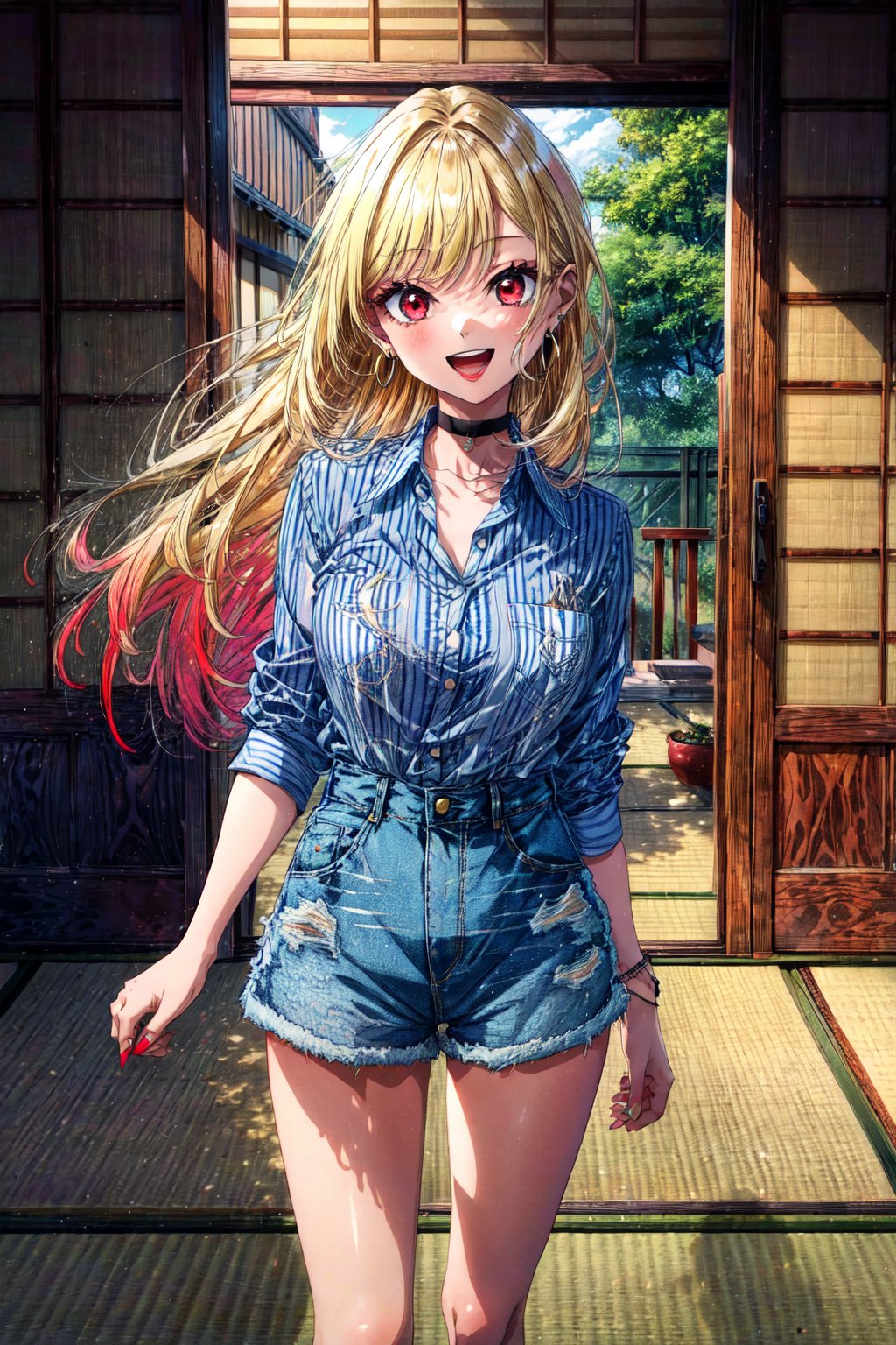 best quality, (masterpiece:1.2), detailed, , kitagawa marin sb, 1girl, solo, open mouth, teeth, smile, earrings, long hair, blonde hair, red eyes, multicolored hair, black choker, collared shirt, blue shirt, (striped shirt:1.4), denim shorts, breast pocket, medium breasts, standing, looking at the viewer, indoors, tatami