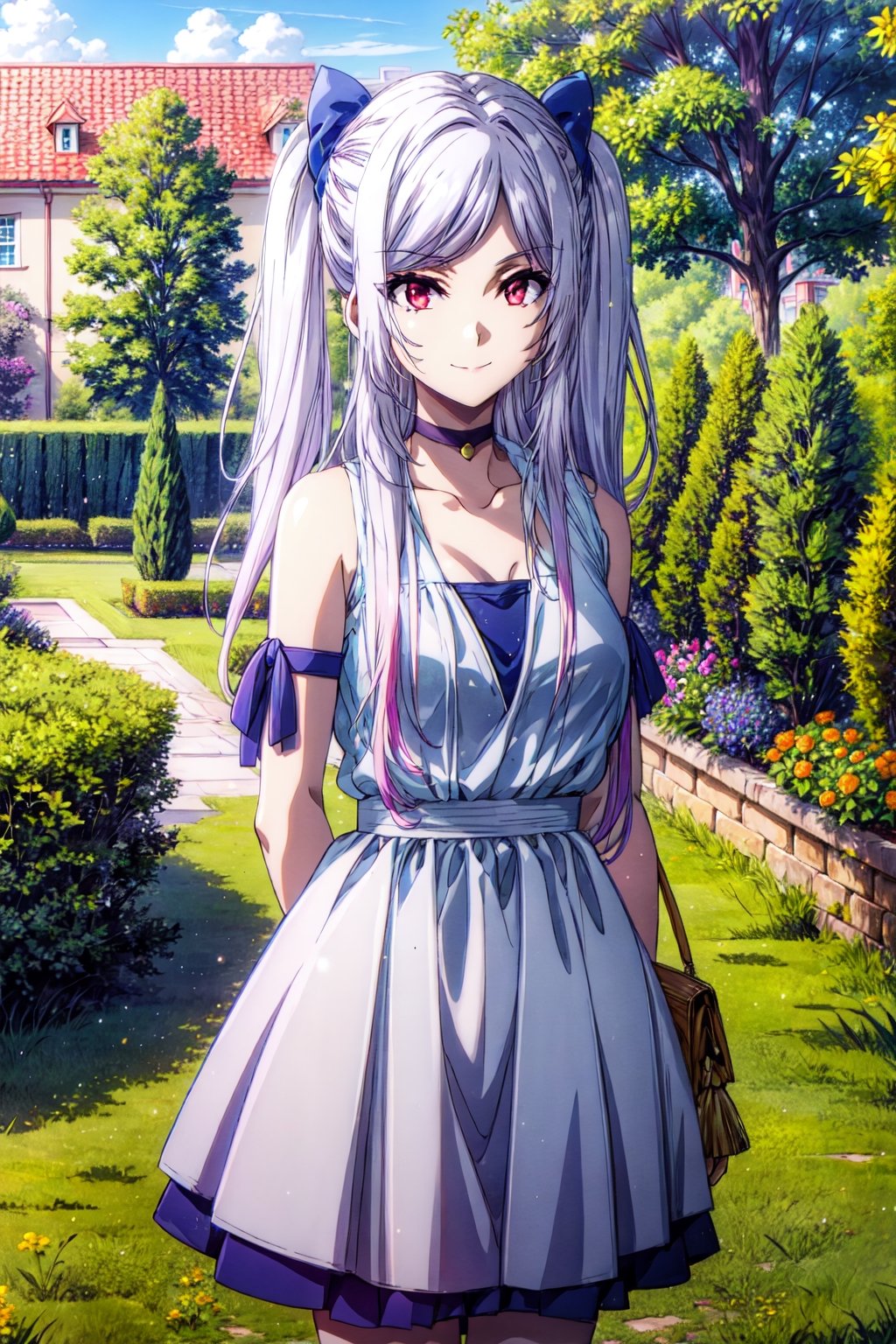 (masterpiece), high quality, highly detailed background, 1girl, solo, , ChopioAlexia, long hair, very long hair, white hair, sidelocks, swept bangs, red eyes, looking at viewer, twintails, two side up, hair bow, outfit_5, bare shoulders, blue dress, choker, black choker, sleeveless dress, arm ribbon, wrist cuff, collarbone, white belt, outdoors, garden, stone path, grass, fence, sun, sunny, sun sparkles, sun beams, standing, seductive smile, (arms behind back:1),