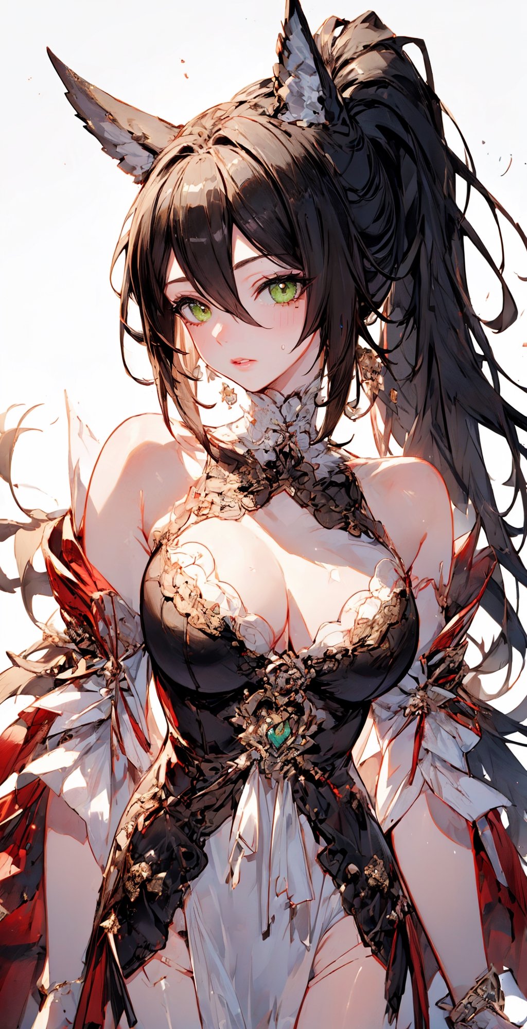  tingyun(hsr), 1girl, ponytail, green eyes, brown hair, ( wearing satin slip dress with a thigh-high slit ), arms are hidden, intricate details, enhanced lighting , (upper body, portrait