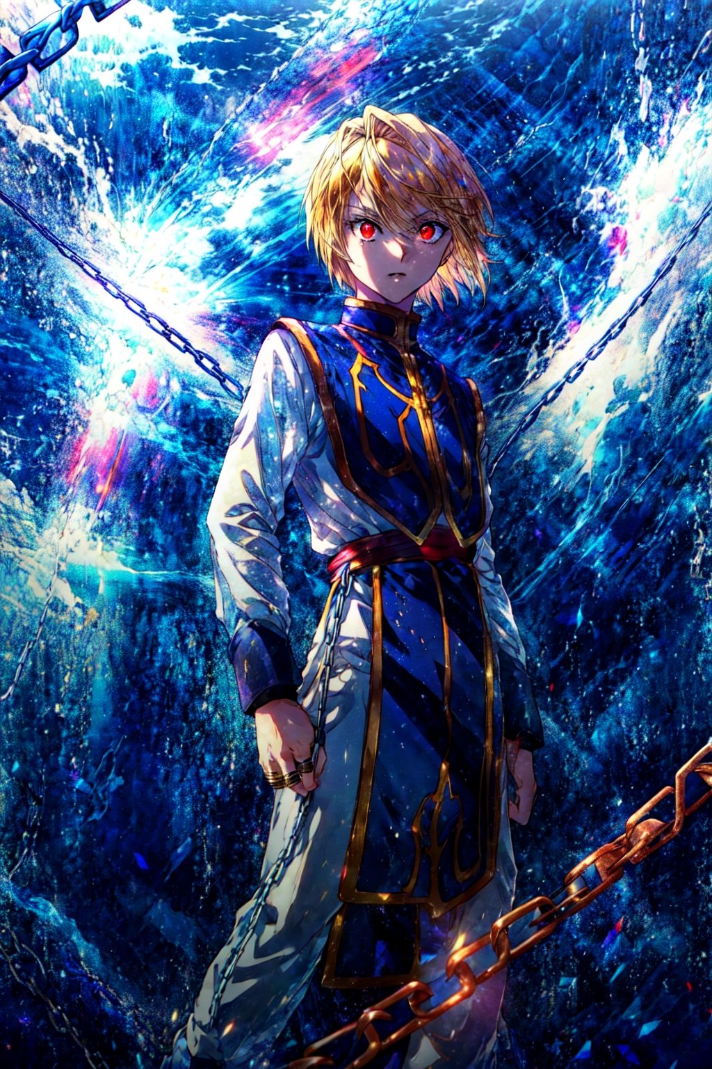 (cowboy shot), sfw, (masterpiece), (best quality:1.0), (ultra highres:1.0), detailed eyes
BREAK  
 Kurapika, 1boy, male focus, red eyes, chains, rings, standing, full body
blue tabard, white shirt, gold trim
 feh, aura
BREAK
(simple background, gorgeous view)