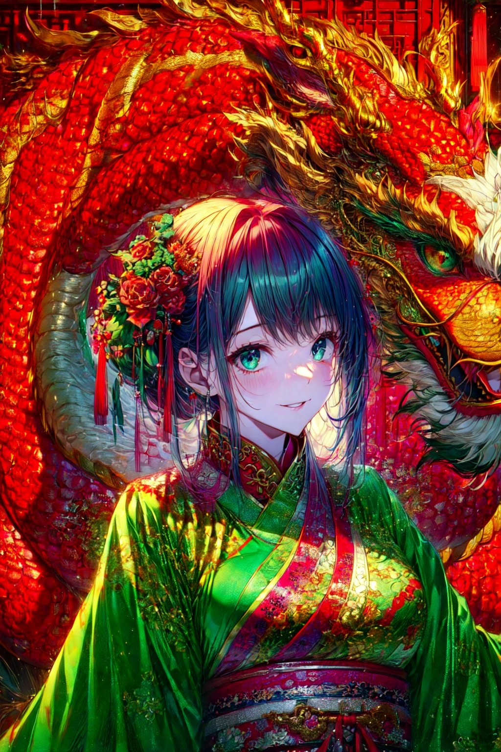 a cute 18 year old girl ,sex,girlfriends ,sad smile,random color hair,random color eyes,perfect model body,collar, medium breasts,official art, unity 8k wallpaper, ultra detailed, beautiful and aesthetic, beautiful, masterpiece, best quality,more detail,iu2(N-_iu2), Chinese new year,facing_viewer, ((Chinese dragon)),dark green dragon wrapped around