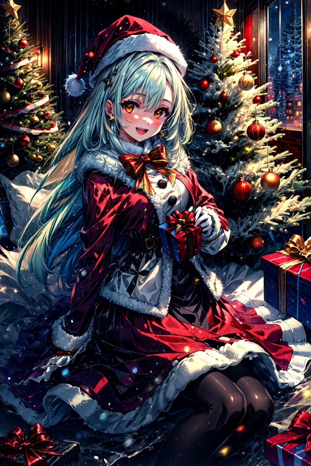 masterpiece,best quality,highres,cinematic lighting,dramatic angle,1girl,light blue hair,orange eyes,MiyakoChristmas,happy,,white and red dress,thick coat,fur trim,ribbons,bowtie,hat,pantyhose,gloves,holding gift box,christmas streetscape,christmas trees,stars,presenting gift box to viewer,:d,