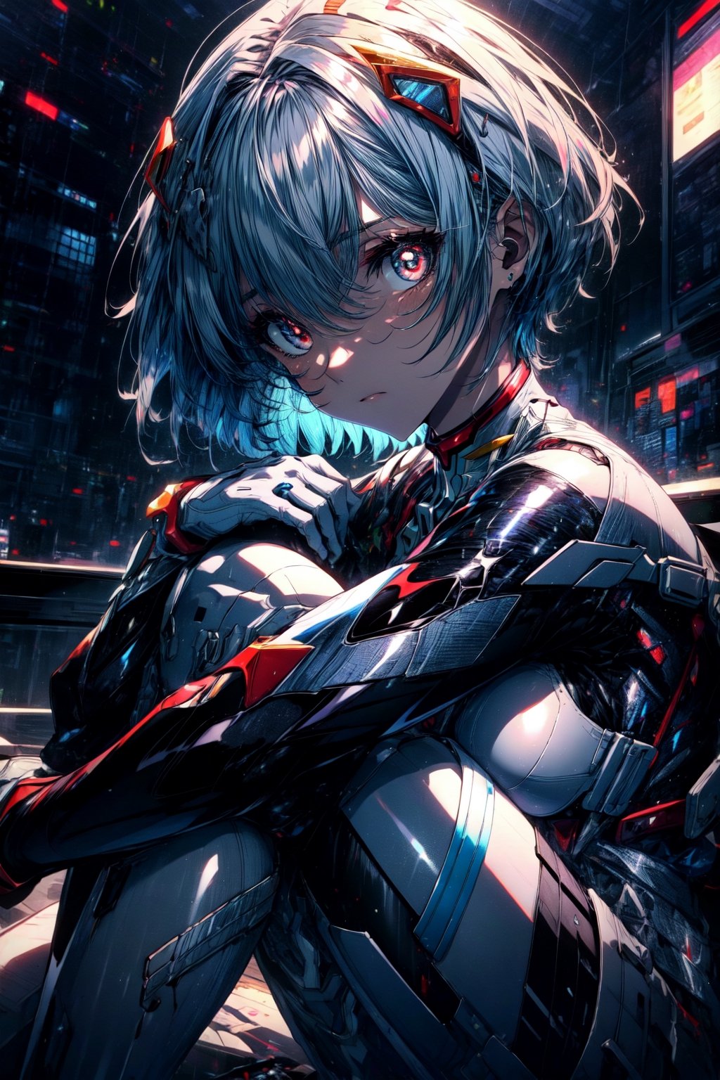 incredibly absurdres,huge filesize,wallpaper,available light,anime,1girl,,rei ayanami,1girl,blue hair,red eyes,bright_pupils,short hair,flat chest,hair between eyes,breasts,plugsuit,bodysuit,white bodysuit,pilot suit,science fiction,beautiful eyes,more hair detail,,day,cloudy,city,face_focus,close-up,head_down,((hugging_own_legs)),sitting,