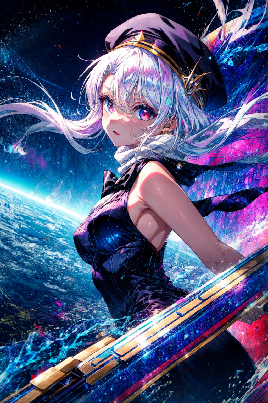 score_9, score_8_up, score_8, medium breasts, (curvy), cute, eyelashes, rating_safe, BREAK, zzIllya, red eyes, white hair, papakha, purple headwear, white scarf, BREAK, dynamic angle, stars, floating, colorful, pink, blue eyes, black bow, from side, on back, spaceship, technological, zPDXL,