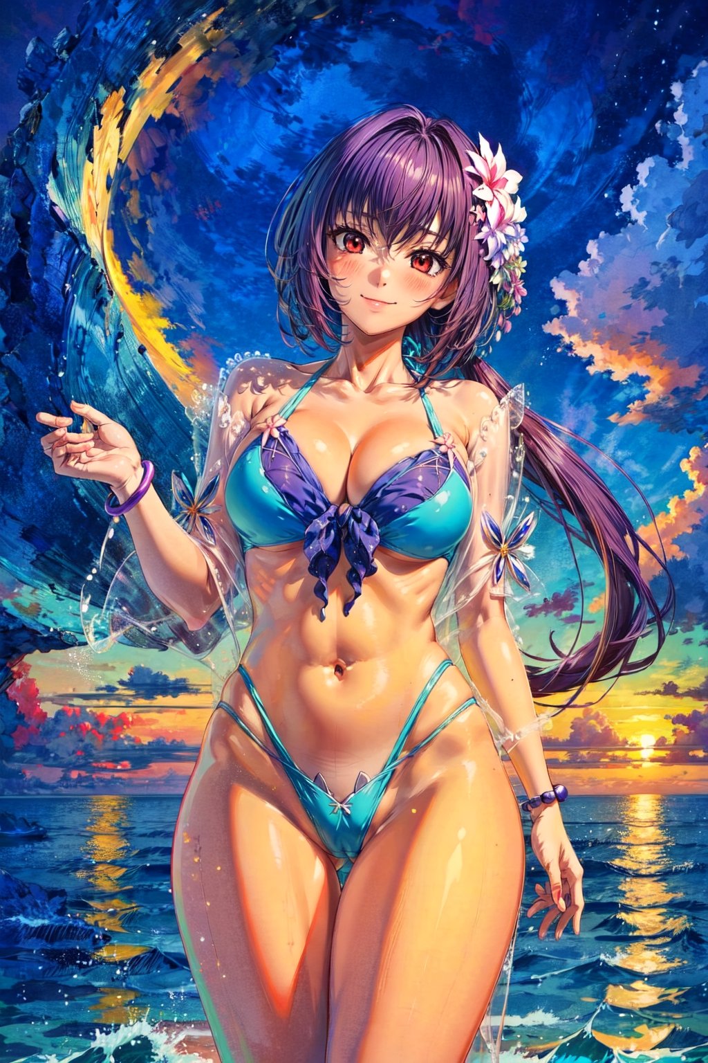 masterpiece, best quality, high resolution, R3, 3rdSwimsuit, 1girl, solo, looking at viewer, collarbone, blush, smile, sky, ocean, ass visible through thighs, outdoors, closed mouth, sunset, navel cutout,