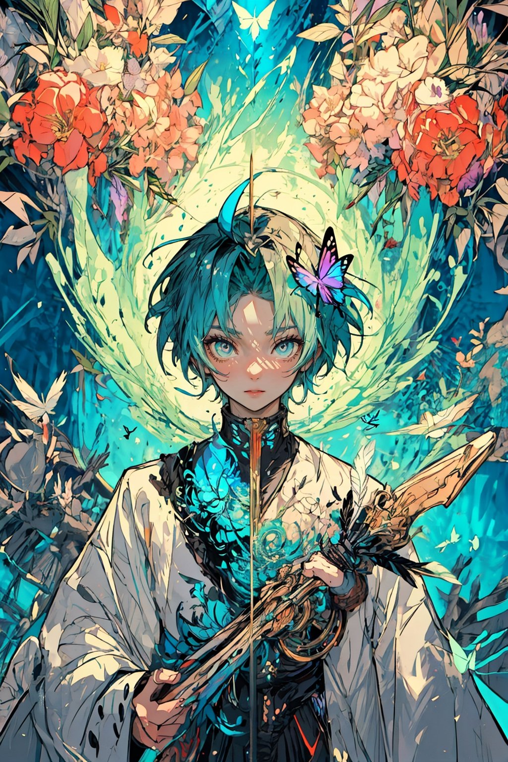 1 boy ,A pixel 90s character with humming birds, extremely detailed, fractal art, colorful,flowers, highest detailed, (dynamic pose), (abstract background), (many colors),feathers,butterfly,gears and clocks for its brain and the background is futuristic,(upper body,) ,rudeus_greyrat