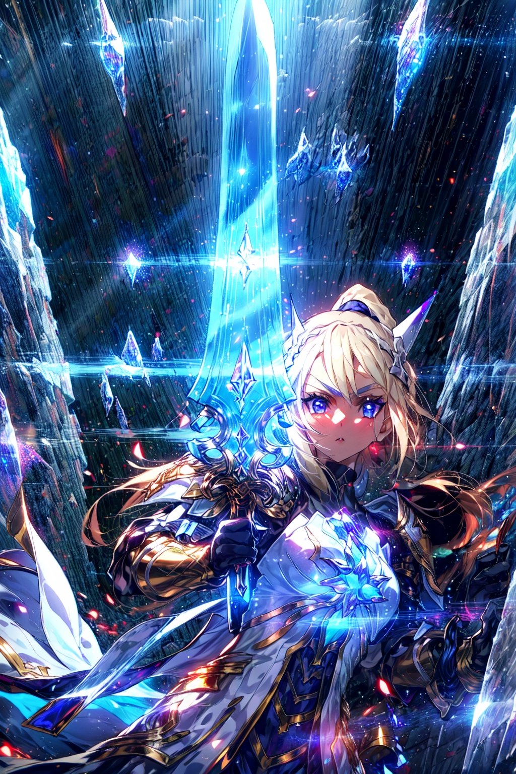 masterpiece,best quality,highres,1girl, ,armor,glowing,holding weapon,(extremely long and wide crystal glowing sword:1.2),glowing particles,holy light,dynatic angle,cinematic lighting,lens flare,,serious,mid shot,tilting