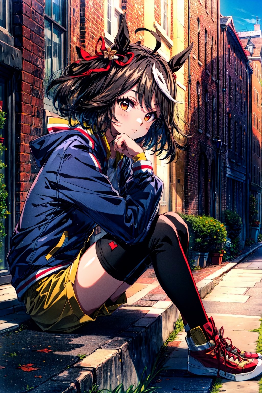 masterpiece, best quality, kitasan black \(umamusume\), street, buildings, hand on own chin, sitting, from side, casual, hair ribbon, hair ornament, white sleeves, hooded jacket, blue jacket, black shirt, yellow shorts, short shorts, black thighhighs, sneakers, shoes, red footwear,