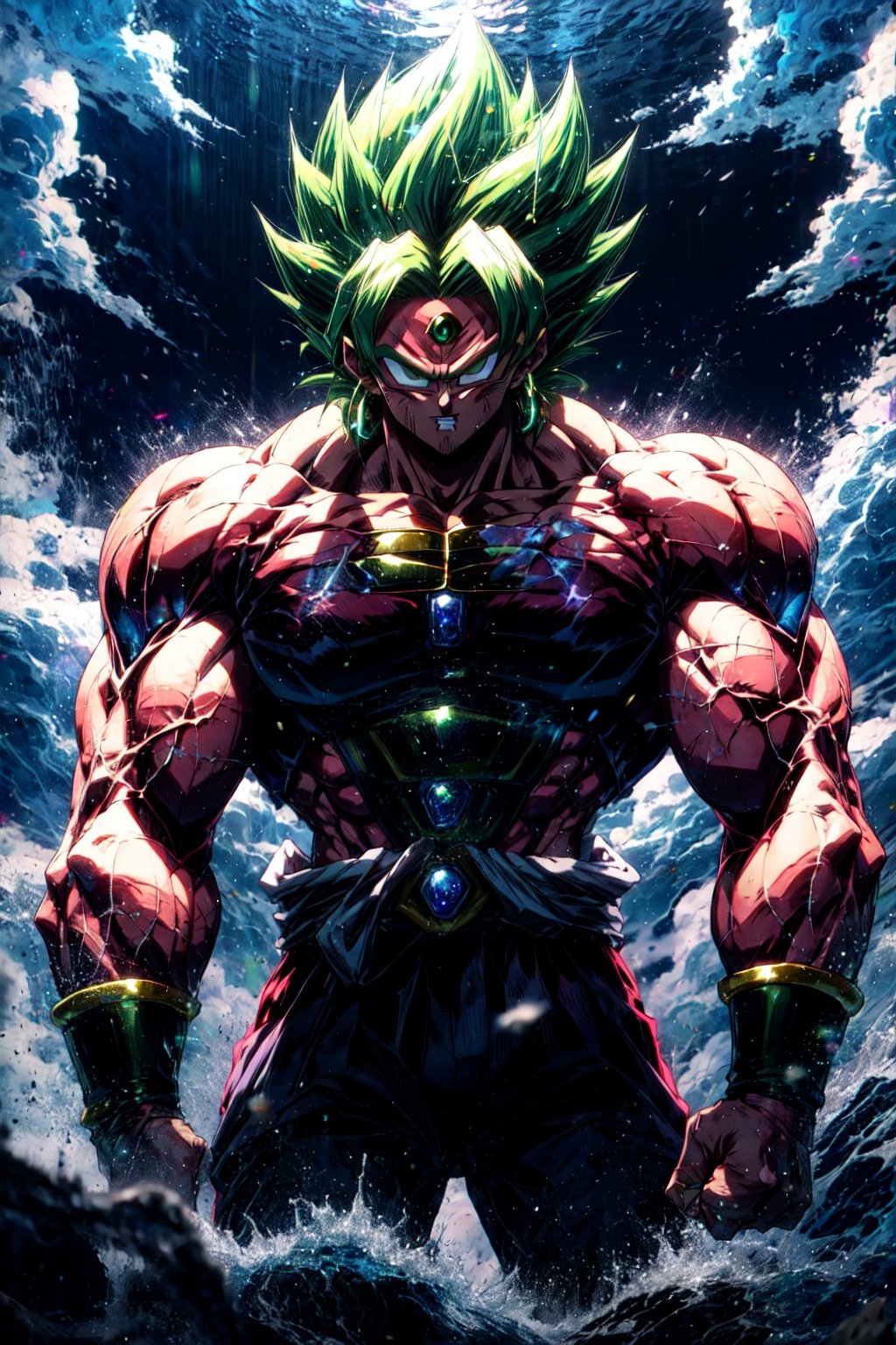 broly, legendary super saiyan, green hair, spiky hair, white eyes, muscular, tall, black bracelets,