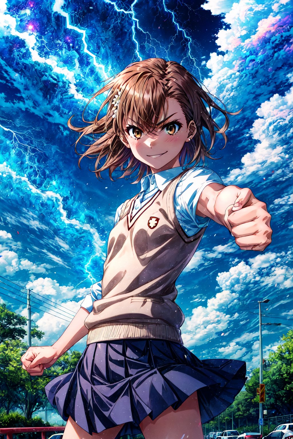 masterpiece, best quality,ultra detail,  , , misaka mikoto,small breasts,flower hairpin ,brown knitted vest,gray pleats skirt,1girl ,short hair , highway , thumbs up for viewer,smirk , outdoor , lightning from fist , thunderbolt from fist, thunder , electric shock from fist,sparking fist,strong wind