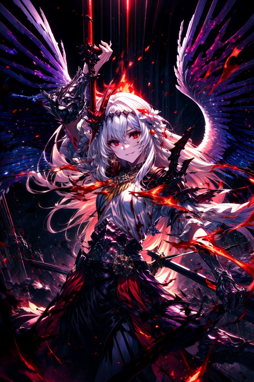 masterpiece,best quality,highres,cinematic lighting,dramatic angle,,costume9,white hair,red eyes,wings,tilting head,holding,sword,glowing,cruel smile,blood,flaming,burning city,fire,depth of field