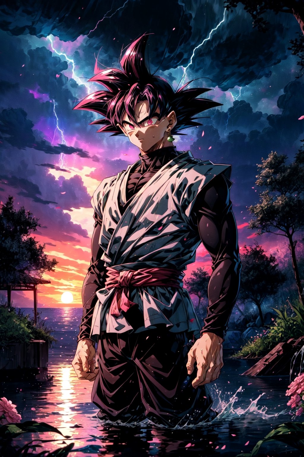 a handsome man, Goku Black,  spiked hair, pink hair, pink eyes, super saiyan, single earring, gentleman, luxurious clothing, black hair, short haircut, standing in the water, chaotic world, electric storms, flowers on the trees, sunset, masterpiece, intricate and elaborate details,