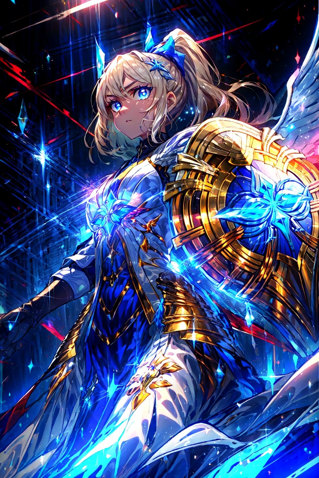 masterpiece,best quality,highres,cinematic lighting,dramatic angle,1girl,,alternative2, hair ornament,ponytail,ribbon,glowing,serious,shaded face,black armor,white and blue dress,holding blue sword,looking at viewer,dynamic angle,flames,depth of field,blue eyes,cowboy shot,holding shield, ,from below,close-up,floating object