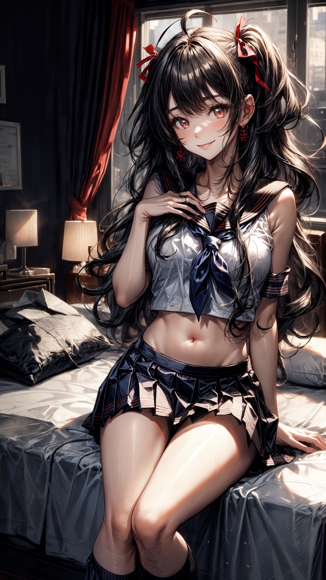 (masterpiece), high quality, detailed background, 1girl, solo, nsfw,, ChopioIshtar, black hair, hair ribbon, very long hair, two side up, parted bangs, ahoge, red eyes, looking at viewer, navel, midriff,mature female, medium breasts,bedroom, bed, standing, smile, (serafuku, sailor school uniform:1.3), school uniform, red scarf, (navy blue pleated skirt), seductive pose, mature female, wide hips, ,