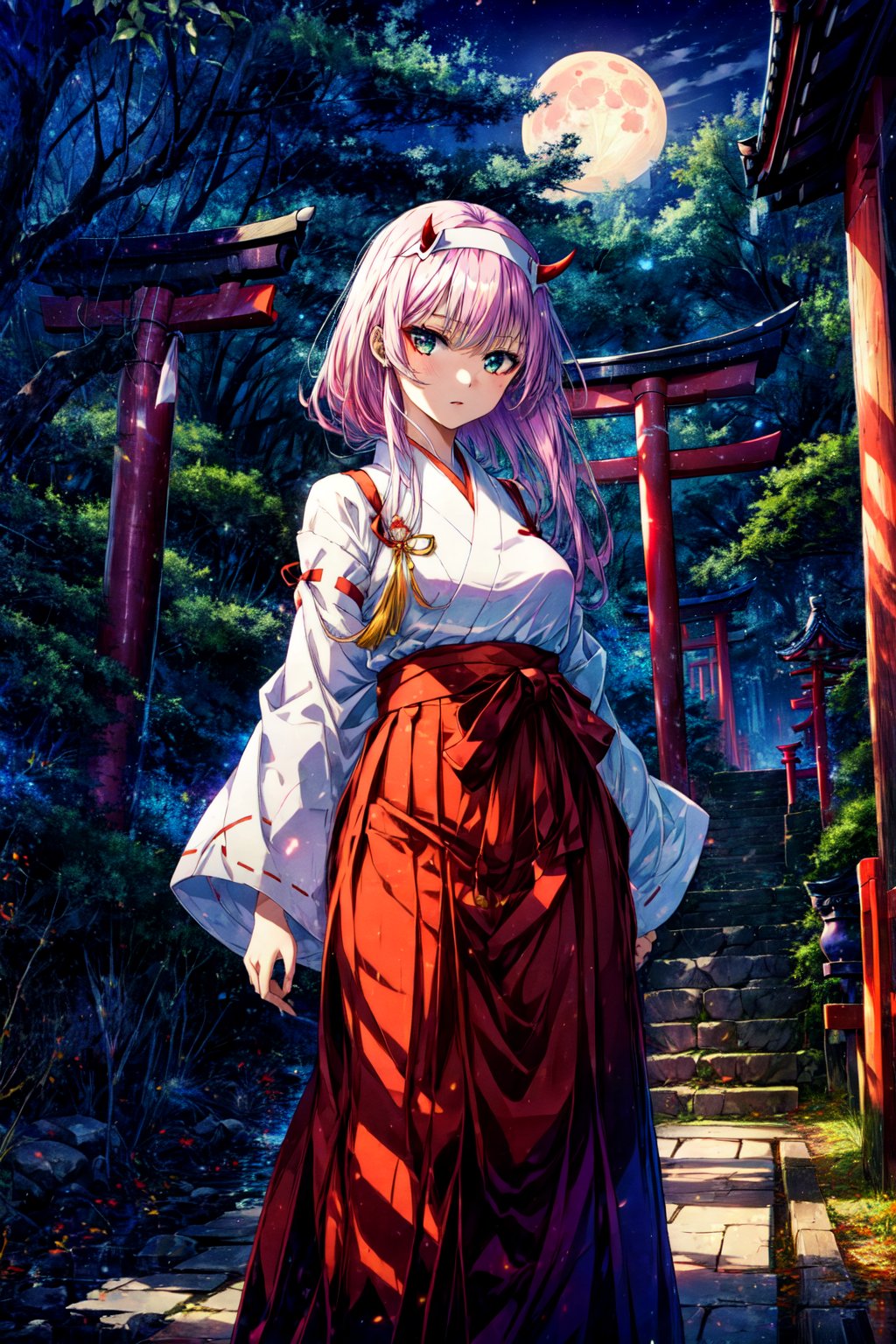 (masterpiece, best quality, detailed), 1girl, solo, bbzero2, long hair, horns, hairband, miko, japanese clothes, red hakama, hakama skirt, wide sleeves, white kimono, ribbon trim, outdoors, night, torii, shrine, east asian architecture, full moon