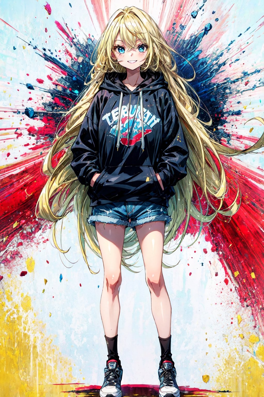 masterpiece, best quality, highres, 1girl very long hair blonde hair curly hair  black hoodie, denim shorts, smile, hands in pockets