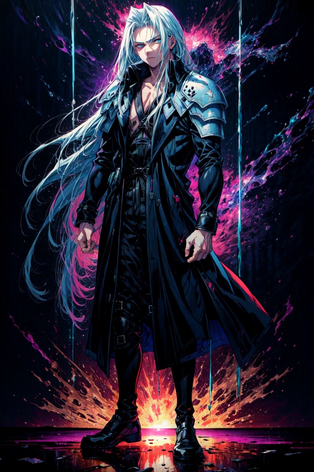 ASCIImasterpiece, best quality, detailed oil painting, dynamic manga action scene, dark vaporwave background, Sephiroth, coat, pauldrons, fantasy painting