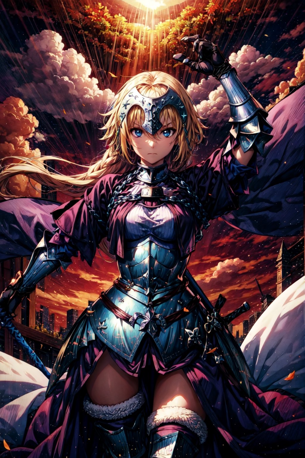 masterpiece, best quality, 1girl, solo, long hair, blonde hair, jeanne d'arc (fate), armor, blue eyes, weapon, sword, armored dress, gauntlets, headpiece, jeanne d'arc (third ascension) (fate),(kbxll:0.6),CLOUD