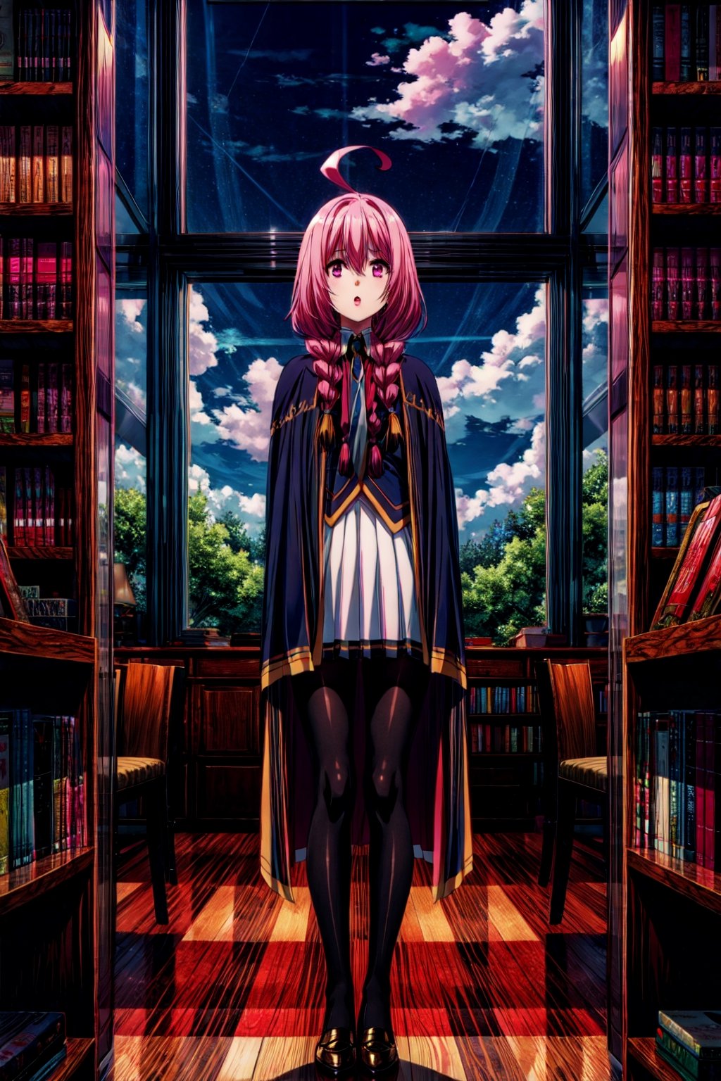 sherry, 1girl, solo, long hair, looking at viewer, bangs, skirt, shirt, standing, pink hair, braid, ahoge, pantyhose, pleated skirt, parted lips, necktie, sky, day, cloud, indoors, pink eyes, cape, :o, twin braids, book, black pantyhose, window, feet out of frame, white skirt, hair over shoulder, gold trim, bookshelf, detailed hands high quality, best quality, ultra detailed, masterpiece,