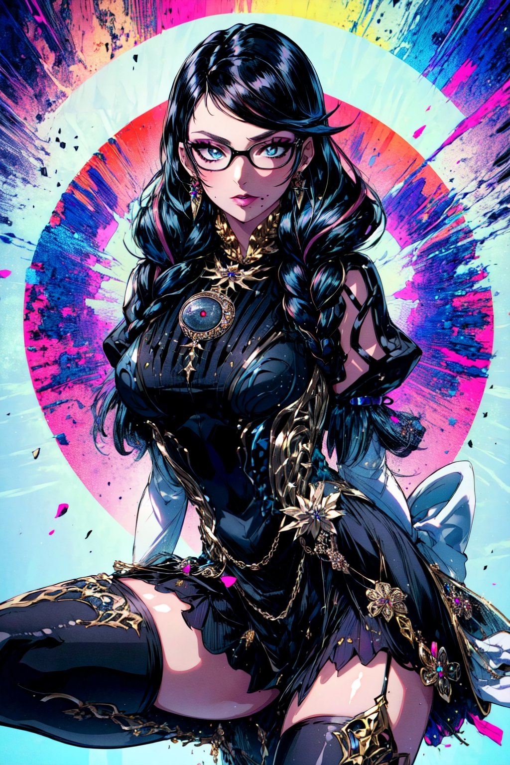 (masterpiece:1.4),(best quality:1.4),(absurdres:1.4),pin-up, , bayonetta_3_twintail_aiwaifu,glasses,blue_eyes ,black_hair,long_hair,two-tone_hair,twintails,breasts,jewelry,earrings,gloves,mole_under_mouth,lips,large_breasts,twin_braids,makeup,black-framed_eyewear,bodysuit,elbow_gloves,very_long_hair,lipstick,multicolored_hair,ribbon,amulet,hair_ribbon,dress,thighhighs,white_gloves,eyeshadow,bangs,clothing_cutout, (absurdres, highres, incredibly_absurdres:1.4),scenery,masterpiece,