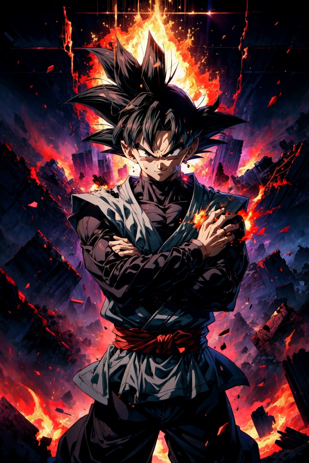 ((masterpiece, best quality)),(complex light),absurdres, highres, 1boy,solo,fighting stance, goku black,black hair,black eyes, fire destroyed debris background,smirk,