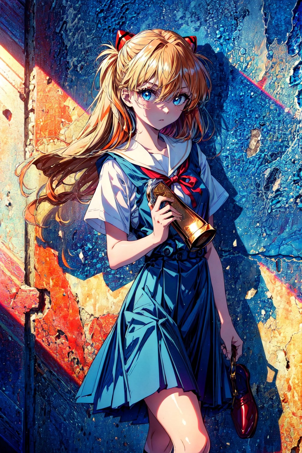 (masterpiece, 4k, 8k, ultra hires, exremely detailed, good shadow, good light, deep shadow, unreal, high resolution, ultra detailed, best quality, ultra high res, visually stunning, beautiful, award-winning art, best quality, stunningly beautiful:1.2),,(souryuu asuka langley),interface headset,suspender skirt,red ribbon,white shirt,(school uniform),socks,shoes,,1girl,orange hair,blue eyes,long hair,sunlight,detailed eyes,hair between eyes,messy hair,(cowboy_shot),