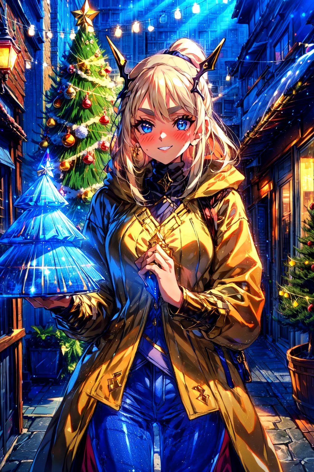 masterpiece,best quality,highres,1girl, ,streetscape,christmas,christmas tree,christmas eve,both hands holding giftbox,evolved,alternative4,hair ornaments,scraft,thick sweater,thick coat,deep blue jeans,looking at viewer,smile,(shaded face:1.2),portrait,(depth of field:1.4),matured female,blush,shy