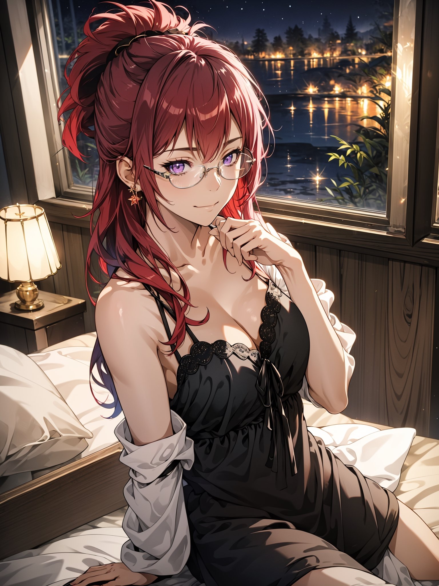 best quality, (masterpiece:1.2), detailed, medieval, fantasy,,1girl, solo, closed mouth, slight smile,short ponytail, long hair, red hair, purple eyes, glasses,collarbone, cleavage, black nightgown, short sleevessitting, on bed, looking at the viewer,indoors, night, forest