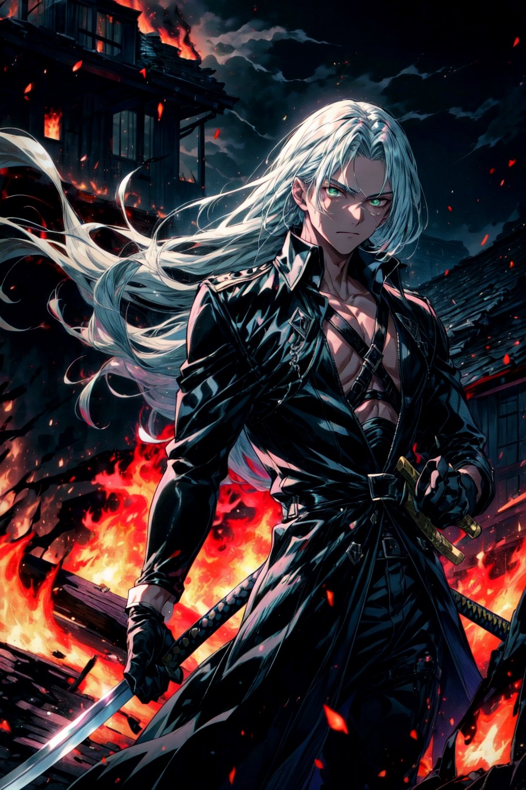 (masterpiece, best quality), intricate details, 1boy, standing, (looking at viewer), Sephiroth \(Final Fantasy\), Sephiroth, (holding sword in left hand:1.5), (green glowing mako eyes), dark theme, village, (fire scene:1.4), (fire:1.4), (conflagration:1.3), professional lighting, photon mapping, physically-based rendering, grey hair, weapon, sword, gloves, long sleeves, parted bangs, black gloves, chest strap, holding weapon,