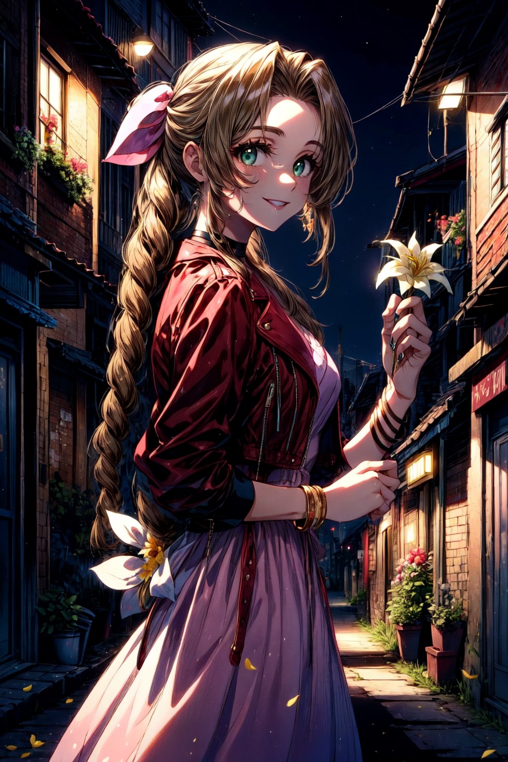 masterpiece, best quality, aerith gainsborough, choker, cropped jacket, hair bow, bracelet, pink dress, cowboy shot, looking at viewer, night, city streets, slums, smile, holding a yellow flower 