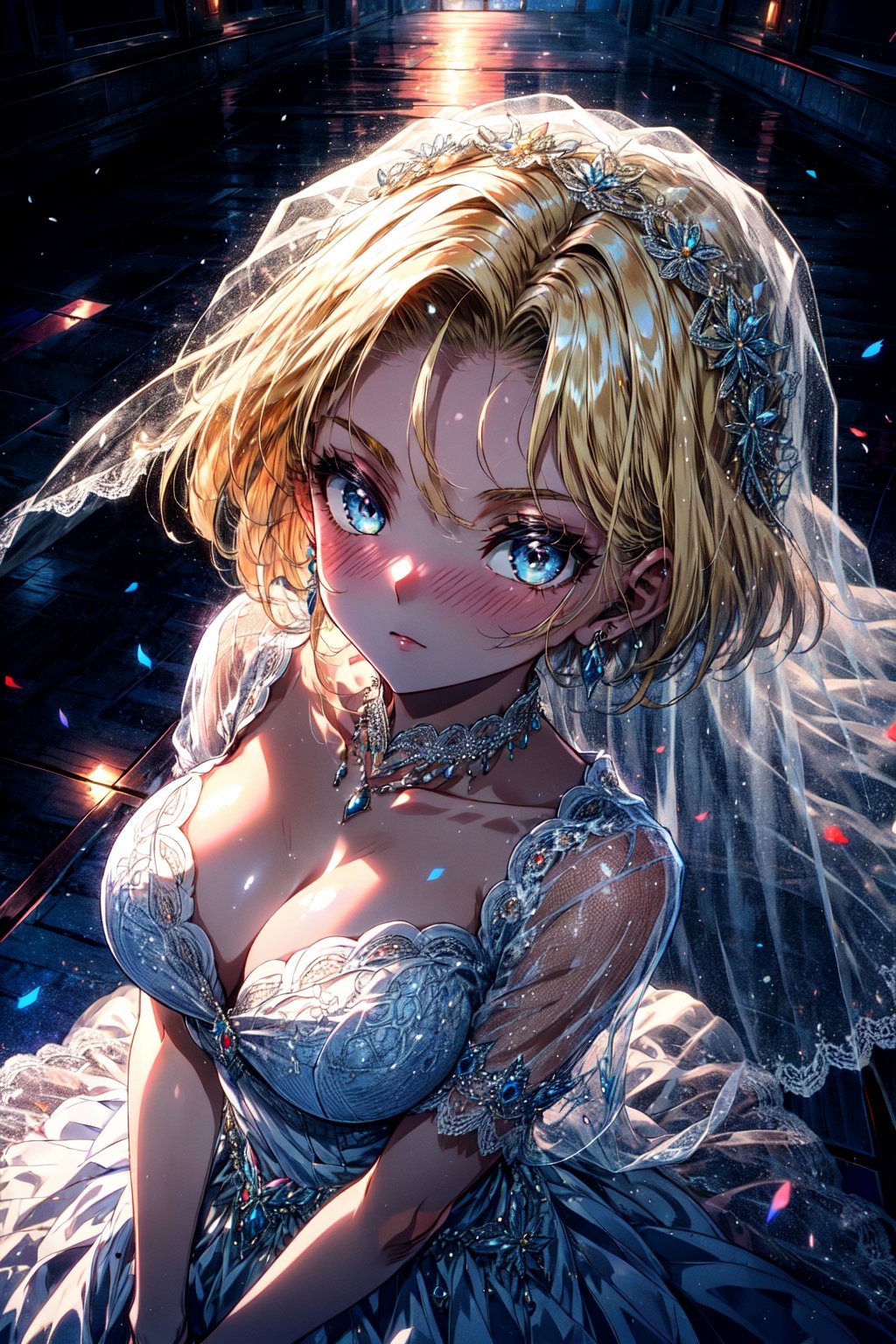 android18, 1girl, solo, breasts, looking_at_viewer, short_hair, blue_eyes, blonde_hair, cleavage, jewelry, medium_breasts, bride, veil, closed_mouth, long_dress, from_above, wedding_dress,